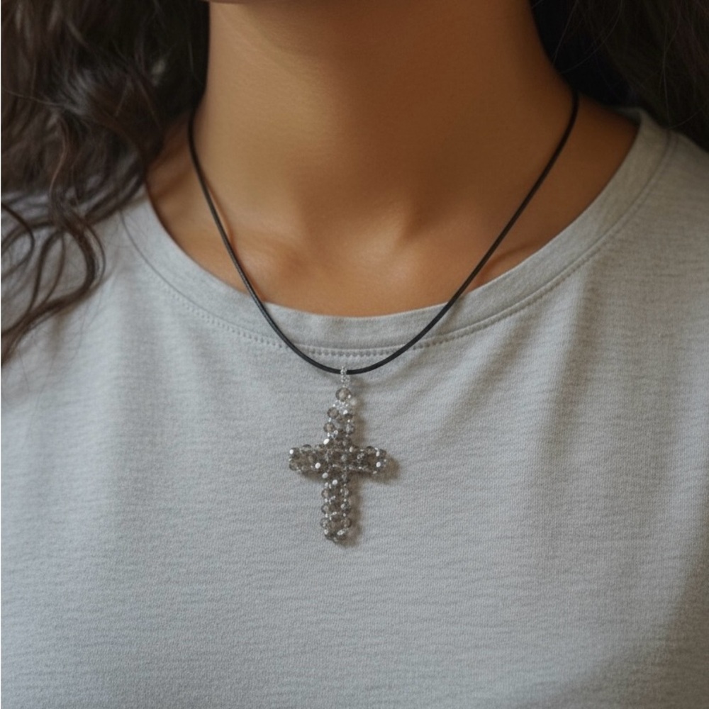 Sparkly Silver Beaded Cross Pendant Necklace (Handmade)